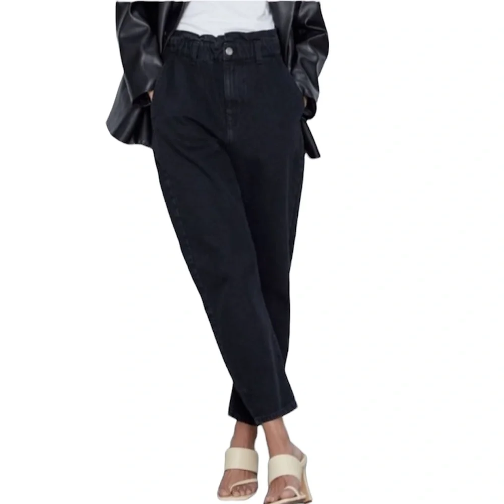 NWT Zara Black Elastic Paper Bag Waist Ultra High Rise 100% Cotton Jeans Size XL - Picture 2 of 16